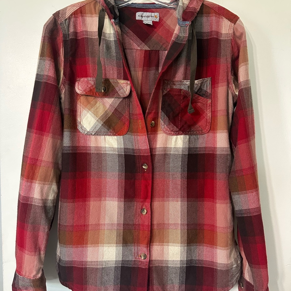 Carhartt Red and Brown Plaid Hooded Shirt Women’s XS
